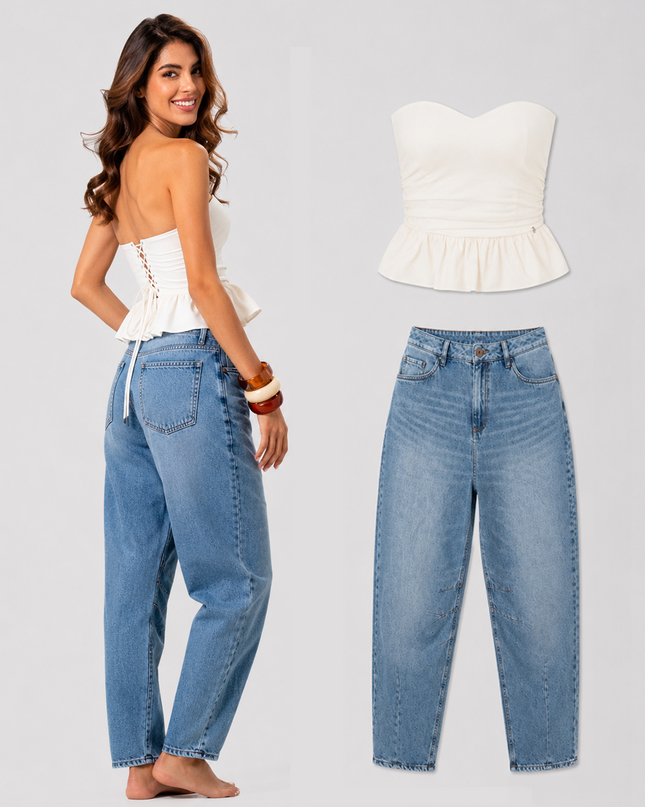 Set Top Strapless Peplum y Jean Barrel Fit — KanCan
