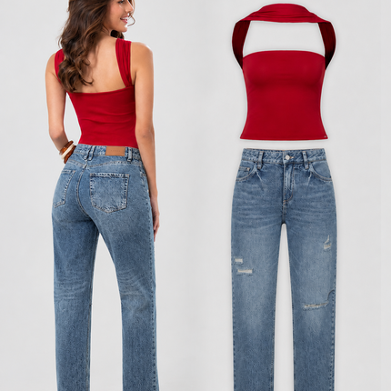 Set Blusa Halter y Jean Mom Fit Destroyed — KanCan