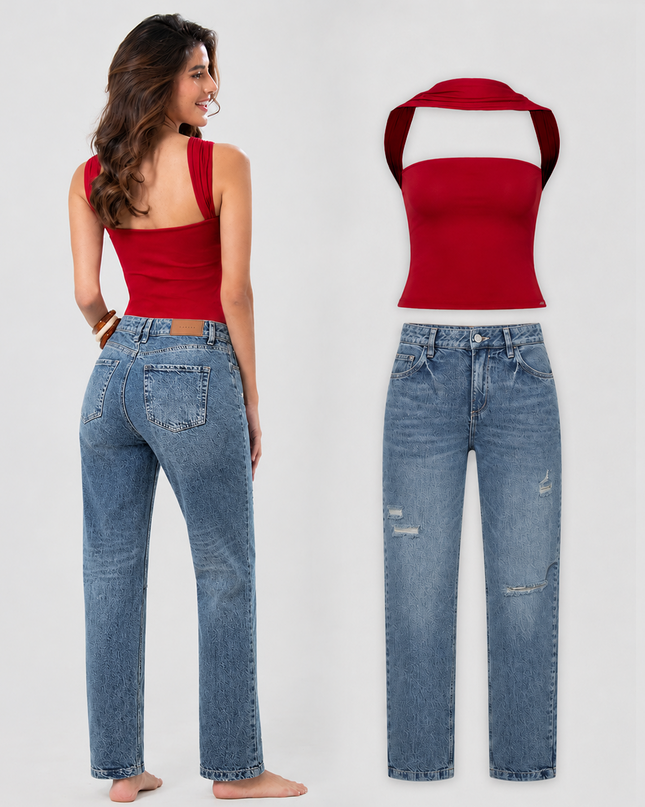 Set Blusa Halter y Jean Mom Fit Destroyed — KanCan