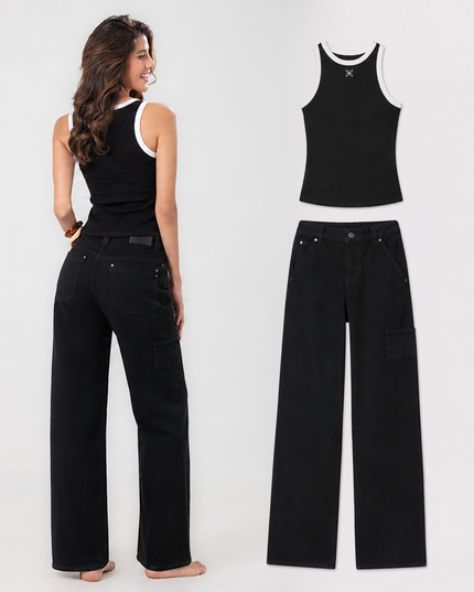 Set Top en Rib y Jean Cargo Negro Mujer — KanCan