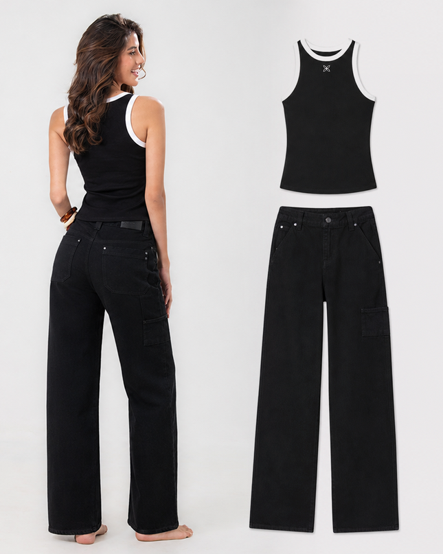 Set Top en Rib y Jean Cargo Negro Mujer — KanCan
