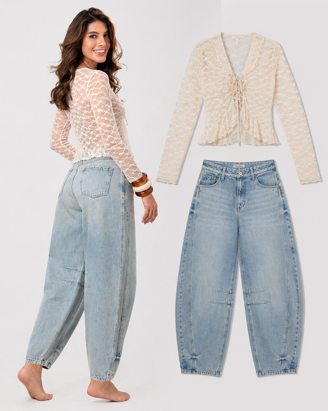 Set Blusa de Encaje y Jean Barrel Claro — KanCan