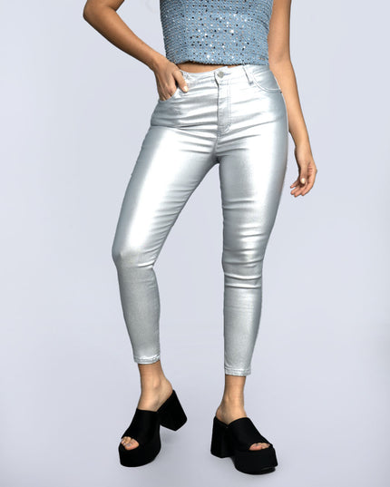 Jean Skinny tiro alto efecto cuero plata