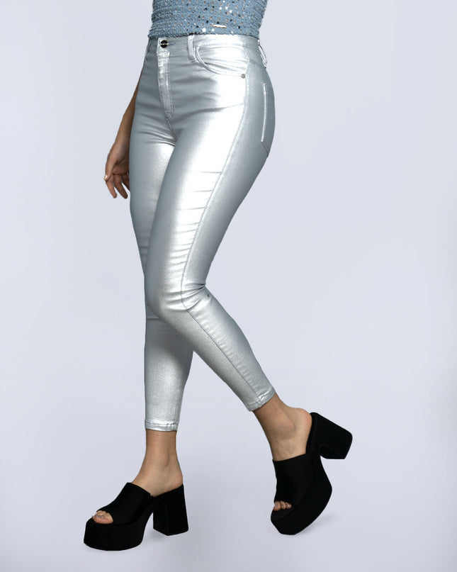 Jean Skinny tiro alto efecto cuero plata