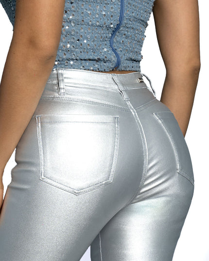 Jean Skinny tiro alto efecto cuero plata