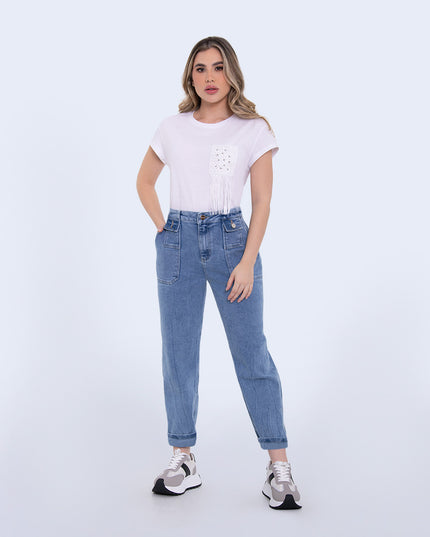 Jean Momfit claro tiro alto stretch