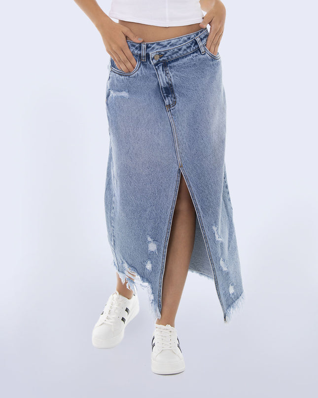 Falda denim desigual desmechado con abertura
