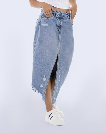 Falda denim desigual desmechado con abertura