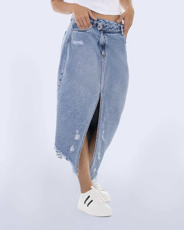 Falda denim desigual desmechado con abertura