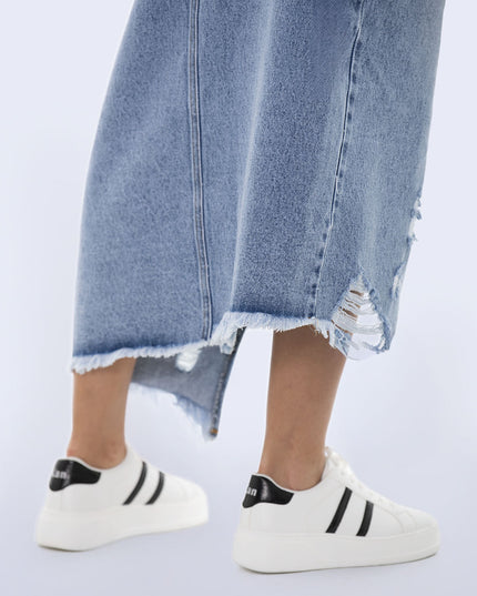 Falda denim desigual desmechado con abertura