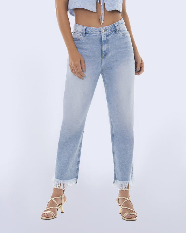 Jean Straight claro tiro alto deshilachado