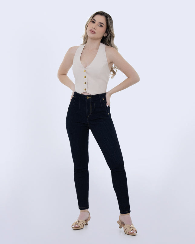 Jean Skinny tiro alto oscuro