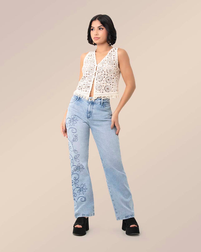 Jean Straight bordado floral