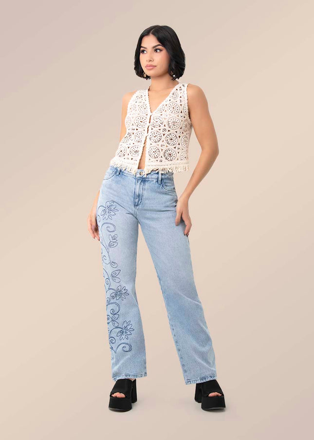 Jean Straight bordado floral