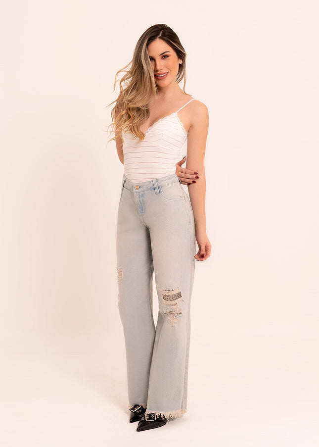 Jean Wide Leg Jean destroyed con encaje
