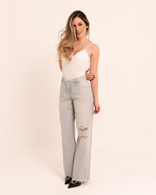 Jean Wide Leg Jean destroyed con encaje