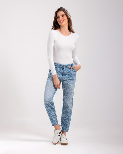Jean Momfit animal print azul