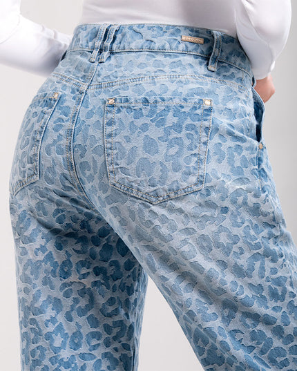 Jean Momfit animal print azul