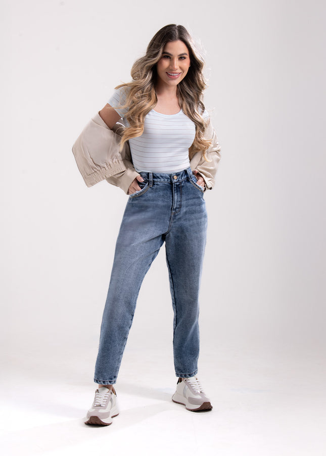 Jean Momfit tiro alto denim medio