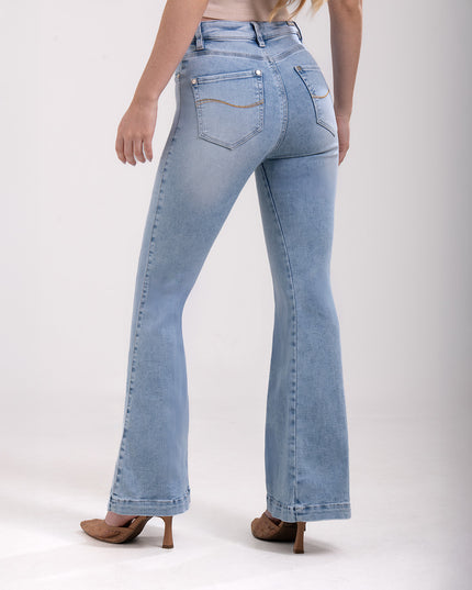 Jean flare tiro alto claro.