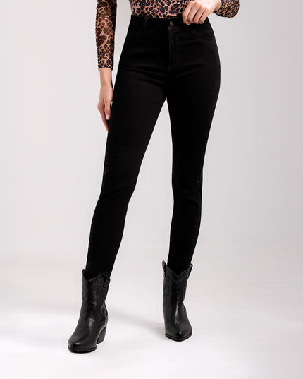 Jean skinny tiro alto negro con Aplicación de Pedrería