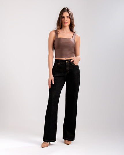 Jean Straight tiro alto con acabado brillante