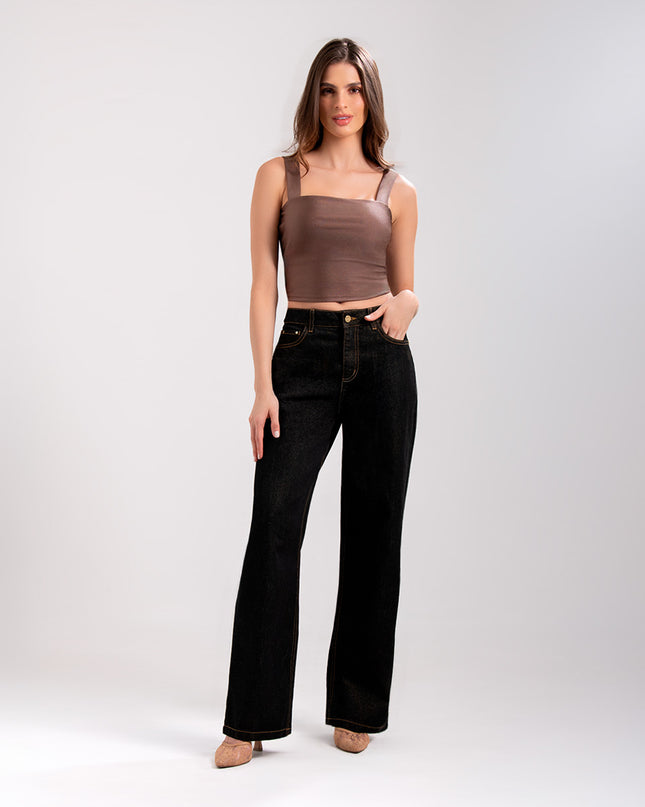 Jean Straight tiro alto con acabado brillante