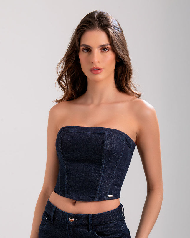 Corset strapless en denim con acabado brillante