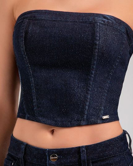 Corset strapless en denim con acabado brillante