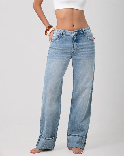 Jean Straight claro bota con brillos