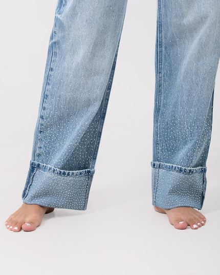 Jean Straight claro bota con brillos