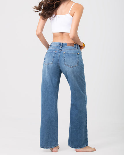 Jean Wide leg tiro medio oscuro costura cafe