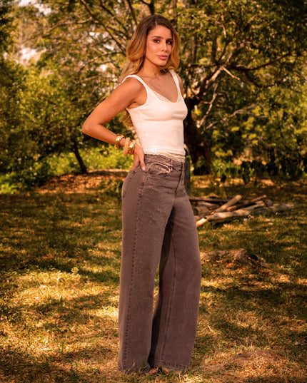 Jean Wide leg tiro alto cafe con brillos