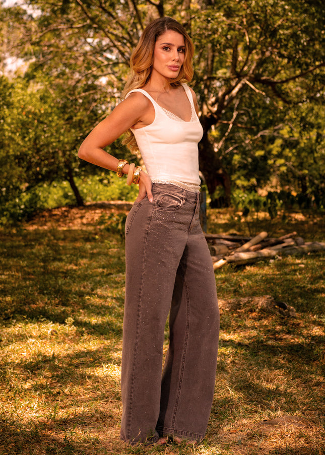 Jean Wide leg tiro alto cafe con brillos