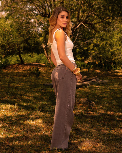 Jean Wide leg tiro alto cafe con brillos