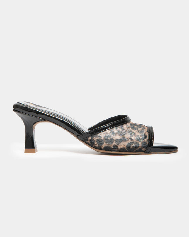 Sandalia mule de tacón medio leopar print