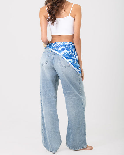 Jean Wide leg tiro alto con pañoleta azul