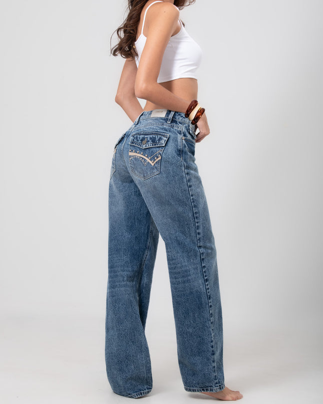 Jean Straight tiro alto con bolsillos decorativos tono medio