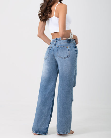 Jean Wide leg tiro medio con rotos