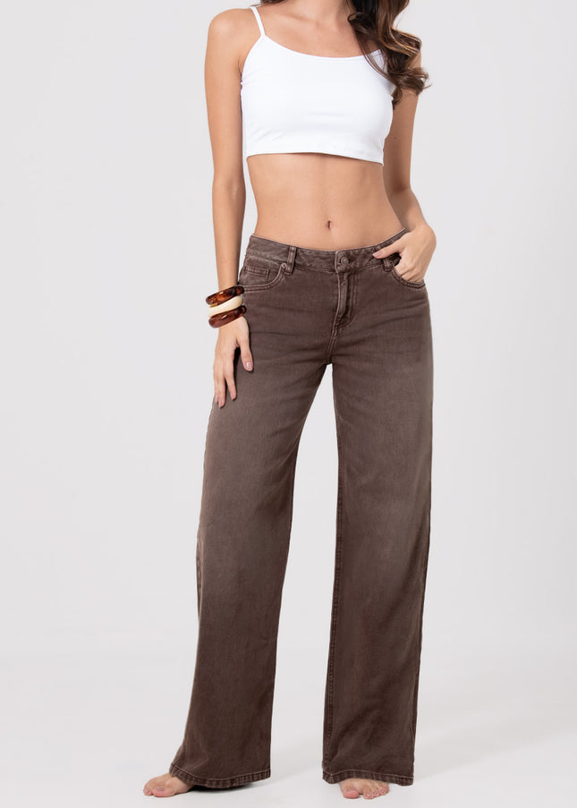 Jean Wide Leg café tiro medio