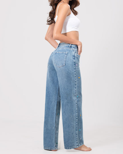 Jean Wide leg de tiro medio con pedreria multicolor