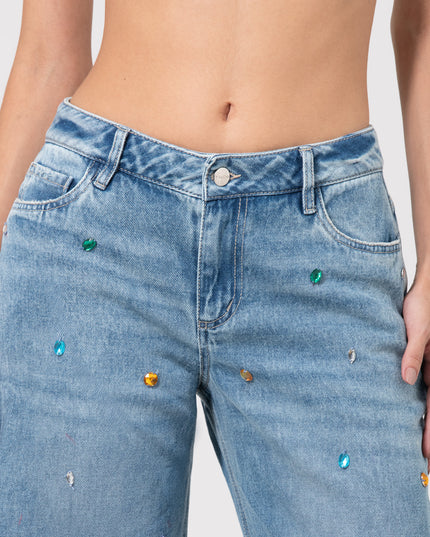 Jean Wide leg de tiro medio con pedreria multicolor
