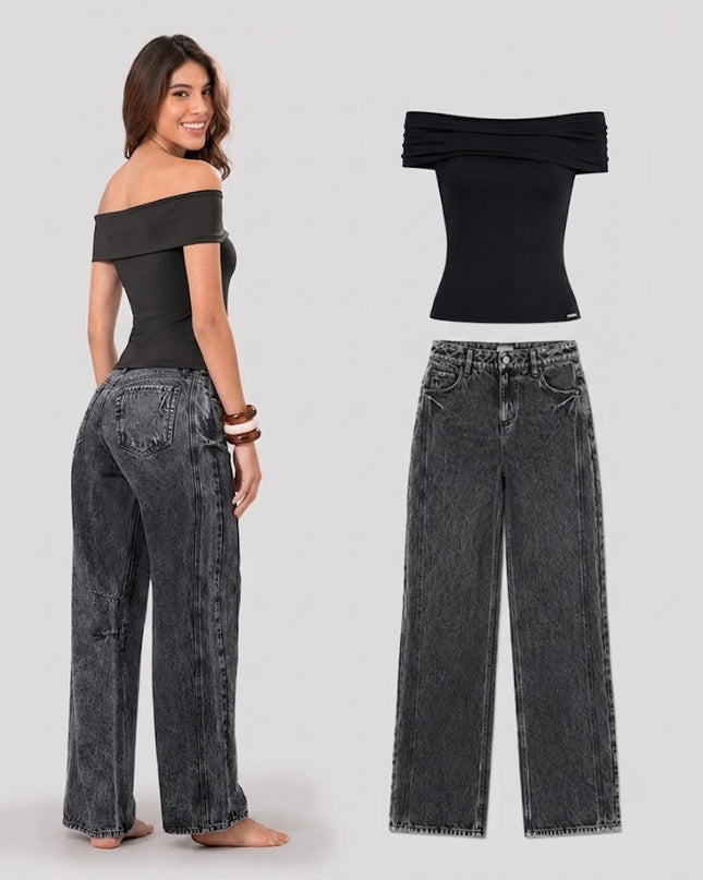 Set Blusa Bardot y Jean Wide Leg Descaderado — KanCan
