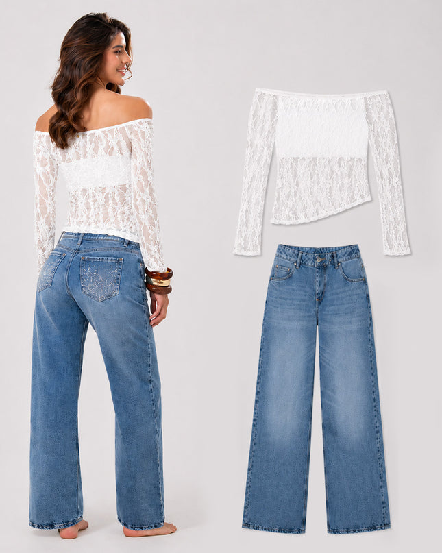 Set Blusa Bardot en Encaje y Jean Palazzo — KanCan