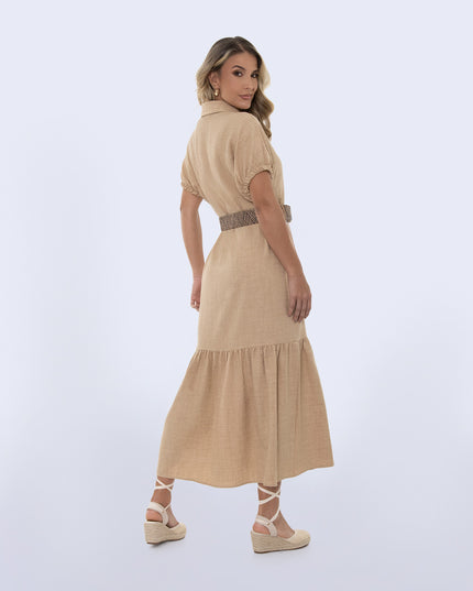 Vestido largo manga corta con correa