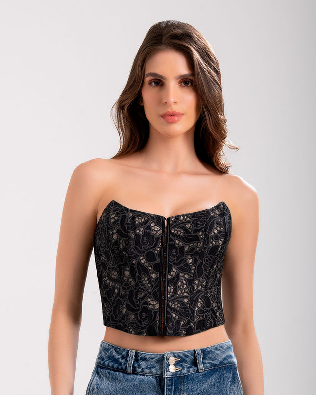 Corset strapless con encaje floral y cierre frontal