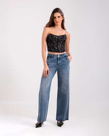 Corset strapless con encaje floral y cierre frontal