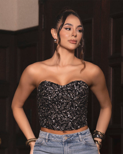 Corset strapless negro con lentejuela