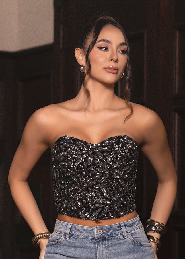 Corset strapless negro con lentejuela