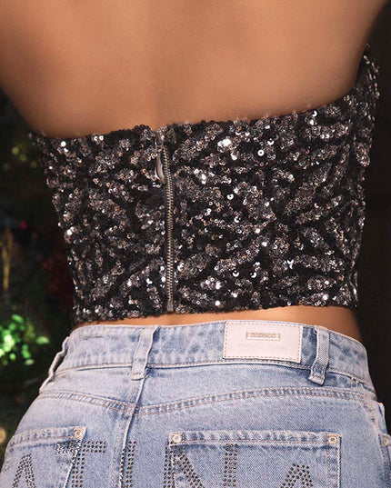 Corset strapless negro con lentejuela